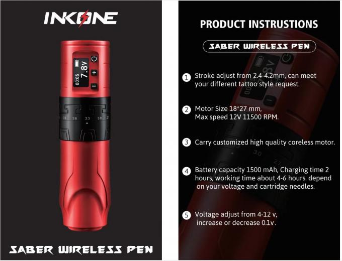 اسلحه خالکوبی بی سیم 1500 میلی آمپر INKONE SABER قلم ماشین خالکوبی بی هسته موتور قدرتمند ضربه بلند 4.2mm آلومینیوم هواپیما 9